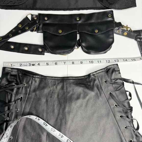 Black Faux Leather Lace Festival Costume Set Corset Skirt Utility Belt Size M - Picture 4 of 10